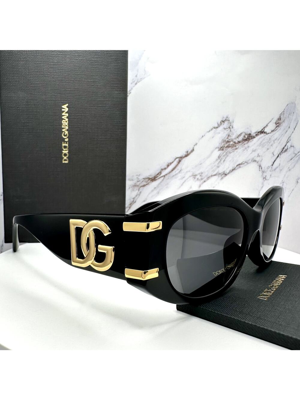 New Dolce & Gabbana Sunglasses Black Oval Acetate Gold Metal DG Gray Lens